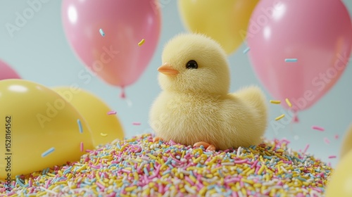 Fluffy chick surrounded by colorful sprinkles and balloons.