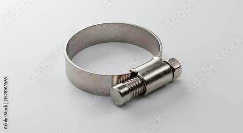 Adjustable stainless steel hose clamp ring with screw tightener isolated on a white background. Metal hose clamp fastener industrial equipment part.