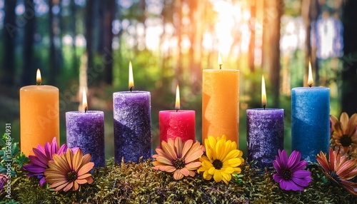 colorful magic candles and flowers in forest natural background witch ritual for beltane or litha sabbat midsummer witchcraft esoteric spiritual practice divination mysterious fairy scene