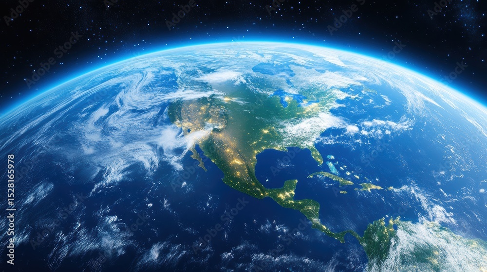 Fototapeta premium A stunning view of Earth from space showcasing North America with visible city lights and atmospheric glow against a starry background.