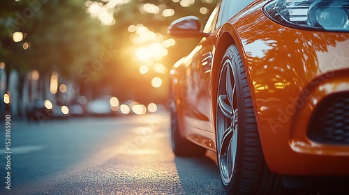 Orange Sports Car at Sunset: A close-up of a sleek, orange sports car parked on a city street at sunset. The warm glow of the setting sun illuminates the car's metallic paint.