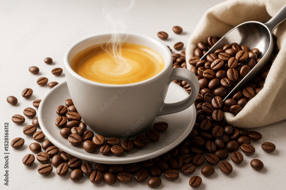 Fototapeta premium Steaming cup of espresso surrounded by scattered roasted coffee beans and scoop on light wooden background with creative warm composition..