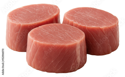 Three raw tuna steaks with a smooth, pink surface, arranged closely together on transparent background.