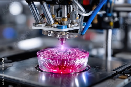 3D printer creating a vibrant pink resin object in a modern manufacturing facility