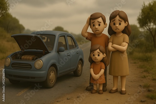 Family Stuck by Broken Down Car on a Rural Road, Emotional Stress