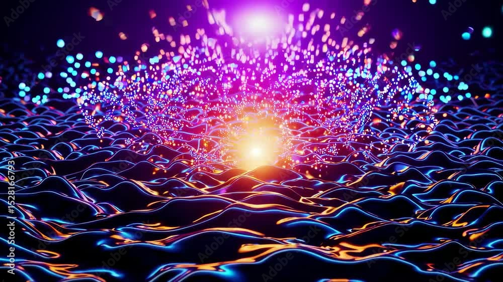 Colorful neon particles hovering over reflective fluid surface in dark 3D abstract environment, glowing energy and futuristic sci-fi waves animation with electric motion and vivid digital aesthetics