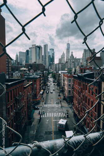 Chinatown from Manhattan bridge deep with skyline high quality