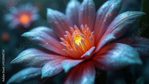 Close-up macro shot of an alien flower featuring metallic, iridescent petals and a luminous crystal core, showcasing exotic beauty.n, ultra detailed, 8k resolution, HDR, professional
