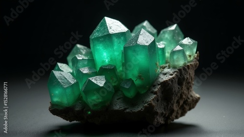 Stunning Emerald crystal cluster on dark schist, highlighted by dramatic lighting. Detailed textures & high-resolution clarity.n, ultra detailed, 8k resolution, HDR, professional