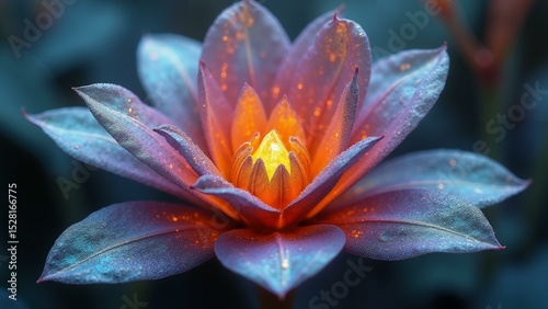 Close-up macro shot of an alien flower featuring metallic, iridescent petals and a luminous crystal core, showcasing exotic beauty.n, ultra detailed, 8k resolution, HDR, professional