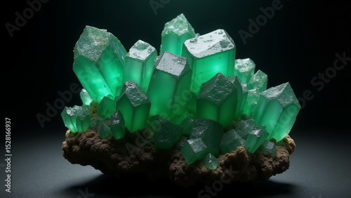 Stunning Emerald crystal cluster on dark schist, highlighted by dramatic lighting. Detailed textures & high-resolution clarity.n, ultra detailed, 8k resolution, HDR, professional