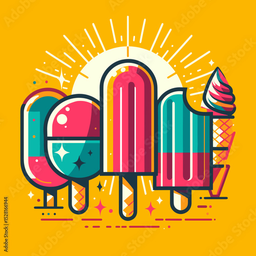 Colorful ice cream popsicles and cone against a bright yellow background with a sunburst