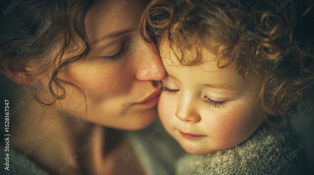 Obraz premium A woman is hugging a child. The child has brown hair and is wearing a sweater. The woman is looking at the child with a loving expression