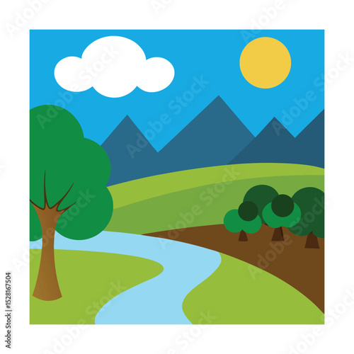 Minimalist scenic view with meadows and creek