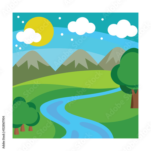 Minimalist scenic view with meadows and creek