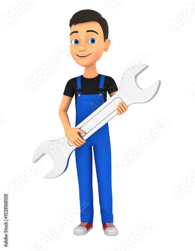 A smiling young man in blue overalls holds a large silver wrench, suggesting readiness for mechanical or repair work.