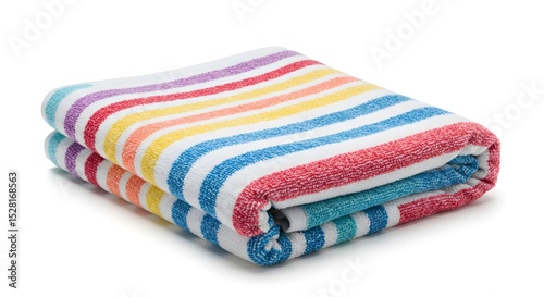 Colorful striped beach towel folded on white background