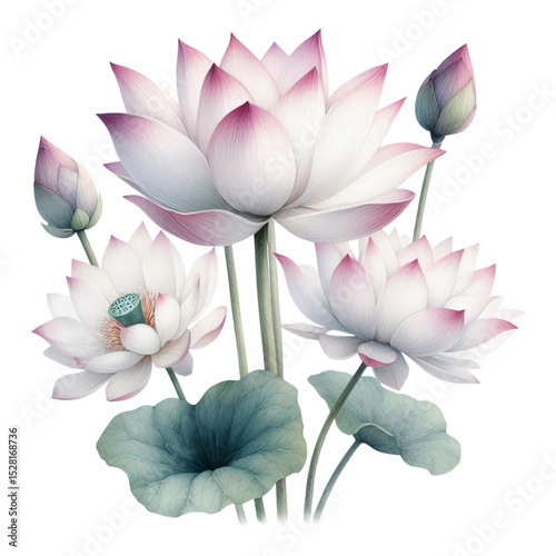 Pink and White Lotus Flowers with Buds and Leaves, Botanical Illustration.