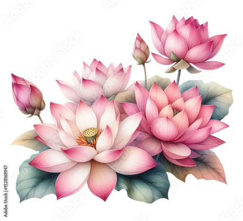 Delicate illustration of blooming pink lotus flowers with green leaves, ideal for wellness, spirituality, or botanical-themed designs.
