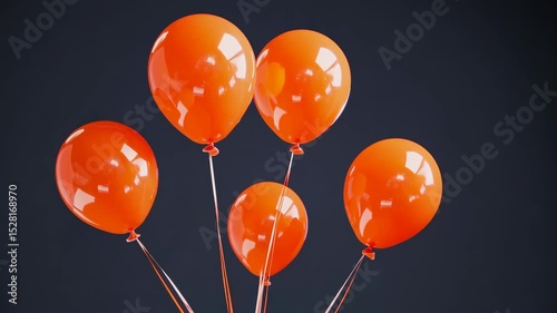 Five glossy orange balloons floating against dark gradient background, minimalist party or celebration concept with vivid color contrast and helium balloon cluster arrangement