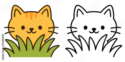 Coloring Book For Kids Cute Cartoon Kitten hiding behind grass Vector Illustration
