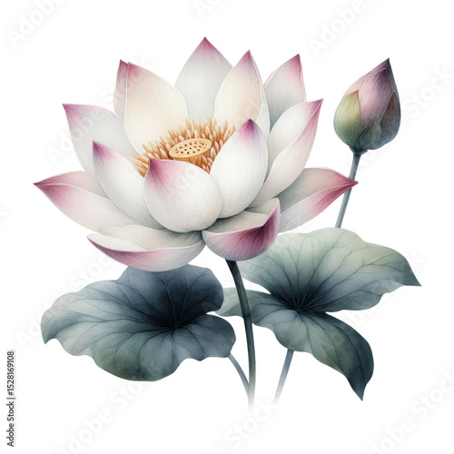A graceful depiction of soft pink lotus blossoms and lush green leaves, perfect for themes of tranquility, spirituality, or botanical beauty.