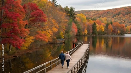 Older couple walks on a pier by a lake with colorful autumn trees.

