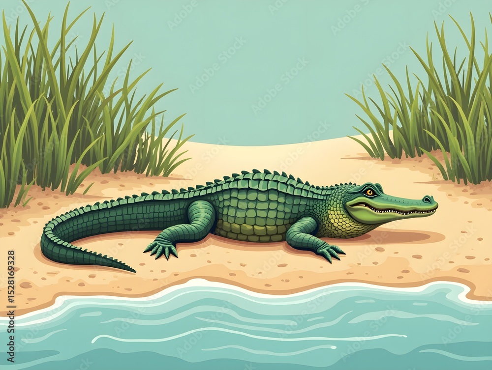 Obraz premium A crocodile resting on a sandy shore with green grass and a calm water setting, flat art
