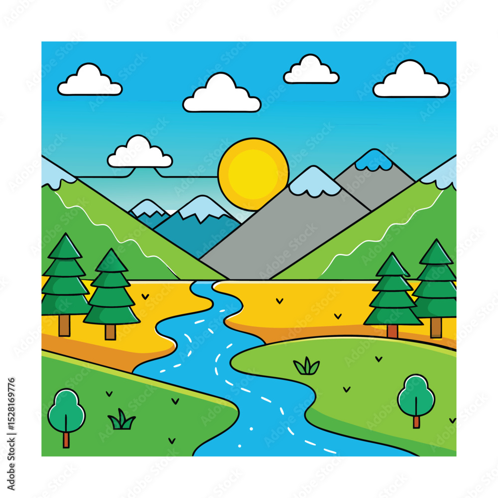 Obraz premium Morning in the hills with river in flat vector