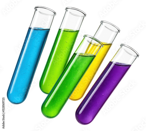Five test tubes filled with brightly colored liquids, including blue, green, yellow, and purple, arranged diagonally on transparent background.