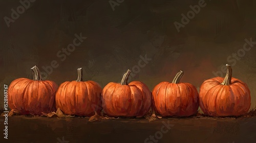 Five pumpkins arranged in a row against a dark background.