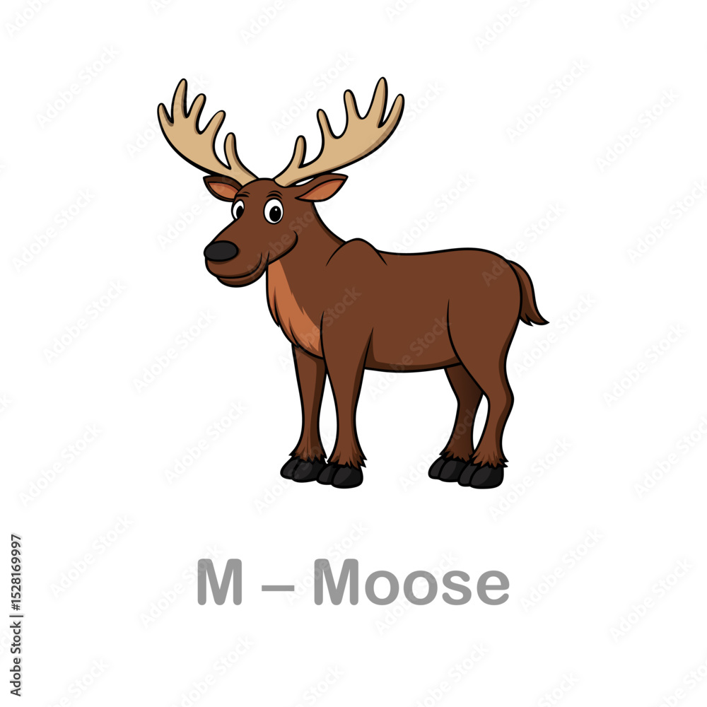 Fototapeta premium Moose flashcard. Wild animals illustrations for learning letters. Moose illustration for kids. Leaning English with animal clip arts. Vector