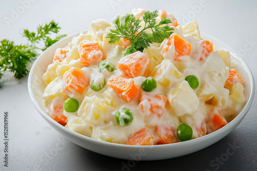 Russian-style Olivier salad with diced potatoes, carrots, peas, and mayonnaise.