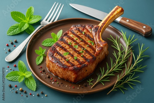 Grilled pork chop garnished with herbs on ceramic plate with cutlery and spices on blue background in delicious gourmet food presentation style. photo