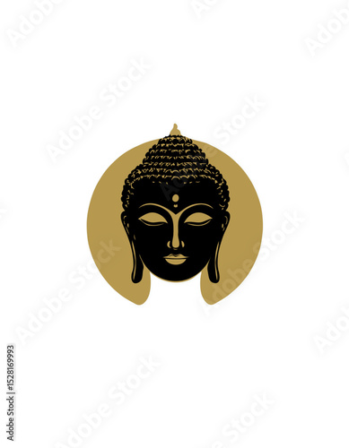 Serene head of Buddha meditating on a black background with a golden circle 