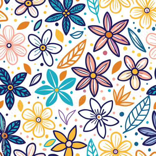 Whimsical floral pattern with colorful flowers and leaves on white background