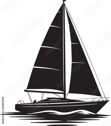 Black and White Sailboat Silhouette Vector Stylized Sailing Boat on Ocean Waves Icon with Triangular Sails and Nautical Theme