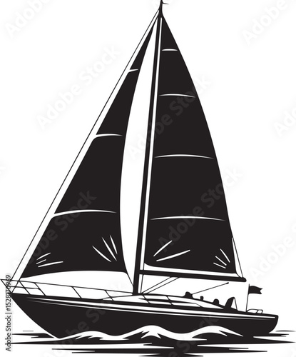 Black and White Sailboat Silhouette Vector Stylized Sailing Boat on Ocean Waves Icon with Triangular Sails and Nautical Theme