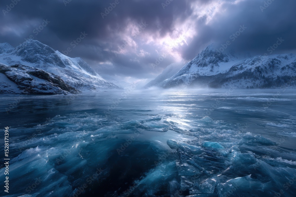 Fototapeta premium Majestic icebergs surrounded by mountains under a dramatic sky in a remote location