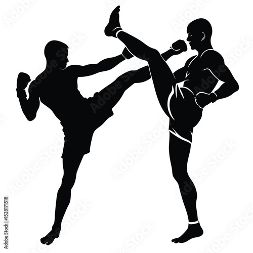 Silhouette of two Muay Thai fighters in action, showcasing dynamic kicks and stances