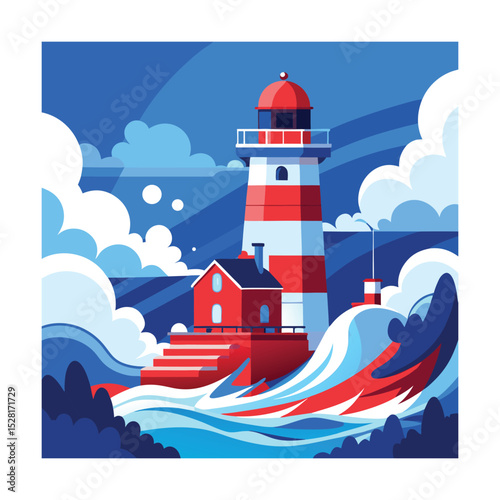 Red and white lighthouse beside crashing waves in flat style