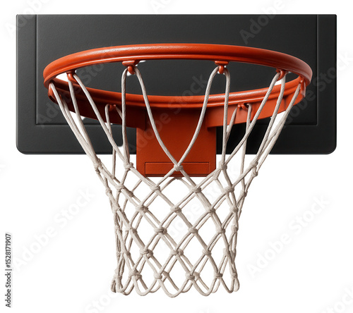Close-up view of an orange basketball hoop and net attached to a black backboard on transparent background.