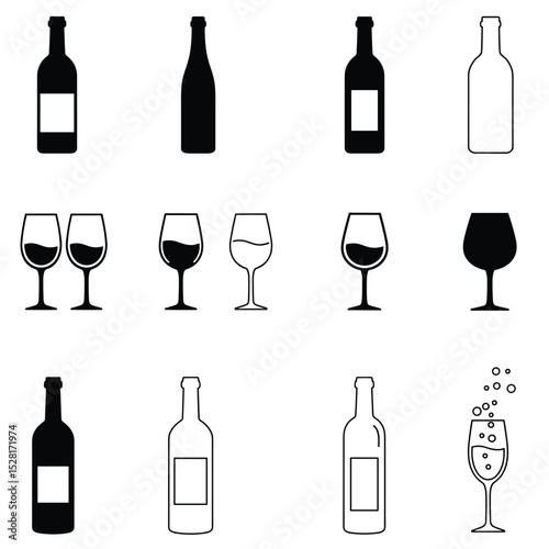 Set of wine bottle with wine glasses vector icons. Drink alcohol.