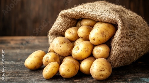 Potatoes, in a burlap sack, spilling onto a rough table, rural atmosphere generative ai