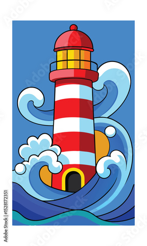 Red and white lighthouse beside crashing waves in flat style