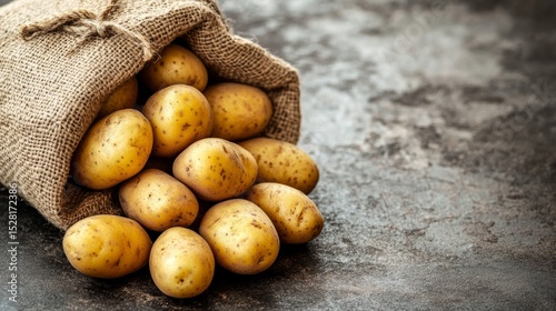 Potatoes, in a burlap sack, spilling onto a rough table, rural atmosphere generative ai