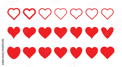 Red love icon with a heart symbol for romance, Heart shape vector icon as a simple red valentine symbol and universal love sign, vector illustration eps 10.