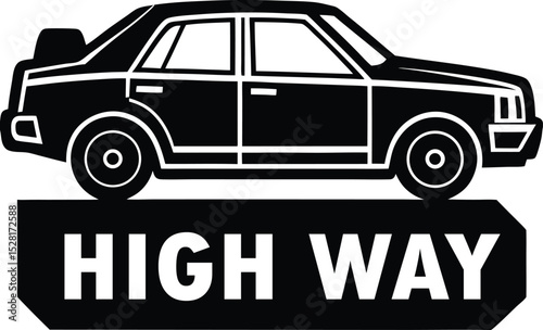 Bold Illustration of Car Above Highway Text Sign in Monochrome Black Design