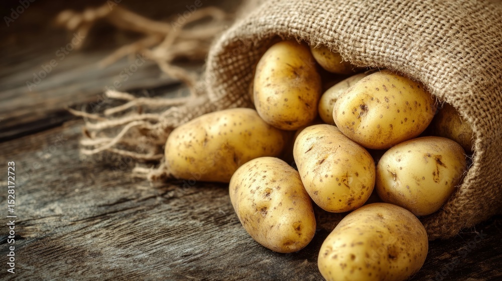 Potatoes, in a burlap sack, spilling onto a rough table, rural atmosphere generative ai Potatoes, in a burlap sack, spilling onto a rough table, rural atmosphere generative ai