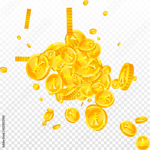 Chinese yuan coins falling. Scattered gold CNY